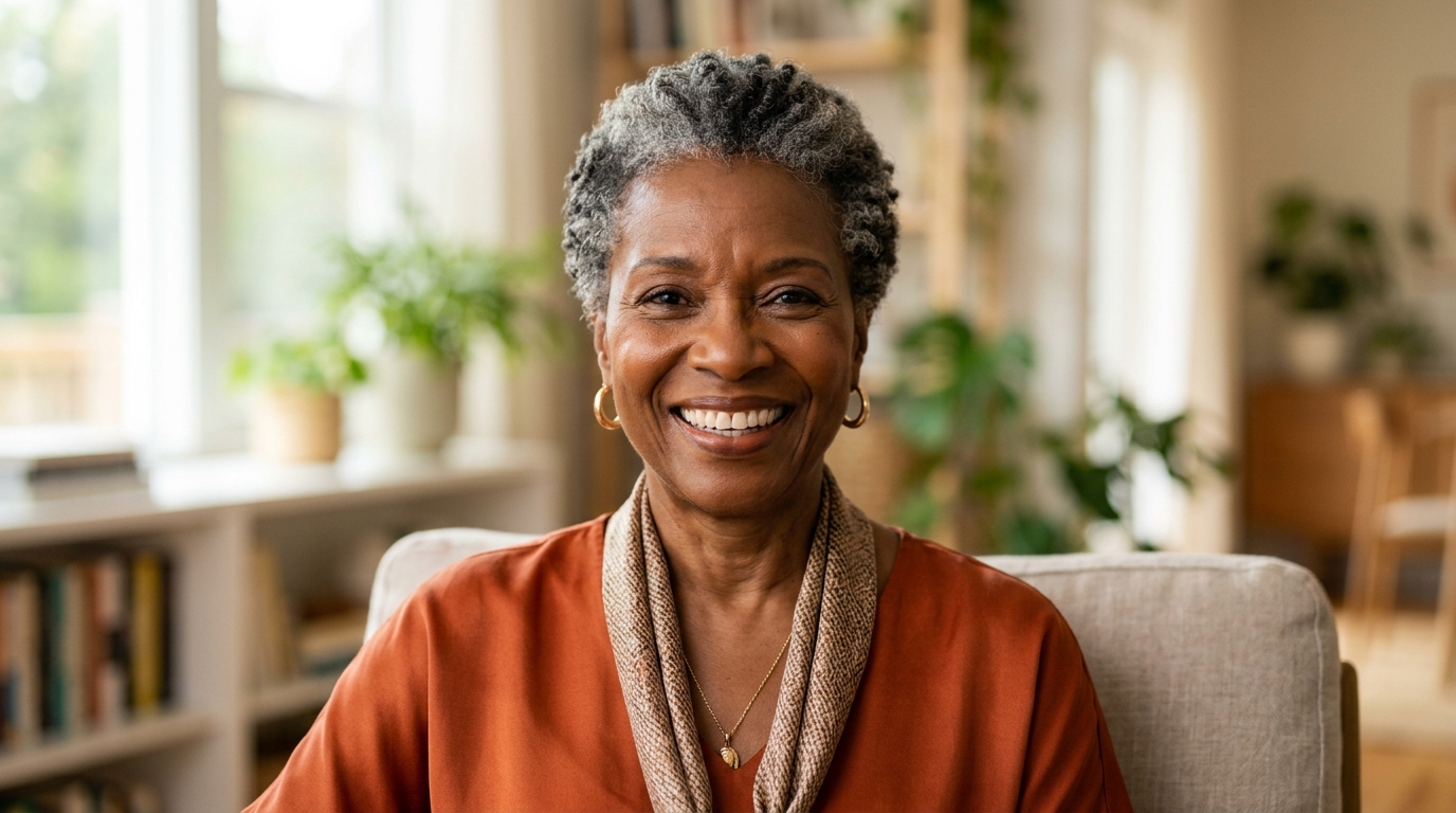 Smiling older Black lady protected by Alpine Fairview Whole Life Insurance