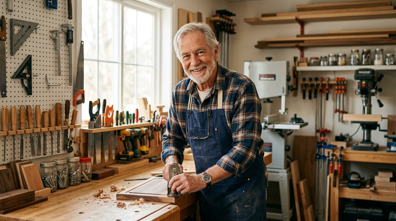 Smiling retired gentleman in garage protected by Alpine Fairview Whole Life Insurance